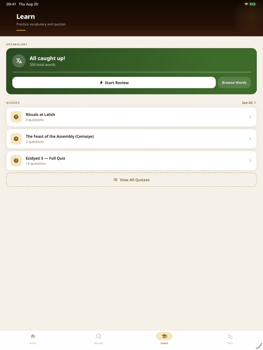 Der Lernbereich auf dem iPad: Vokabelwiederholung mit 200 Wörtern und Quizze zu den Ritualen in Lalisch, dem Fest der Versammlung und EZIDYATI 5