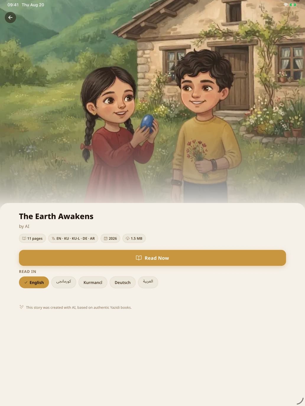 صفحة قصة للأطفال على iPad بعنوان «The Earth Awakens»، مع أزرار لقراءتها بالإنجليزية والكرمانجية بالخطين والألمانية والعربية، وملاحظة بأنها صُنعت بالذكاء الاصطناعي اعتماداً على كتب إيزيدية أصيلة