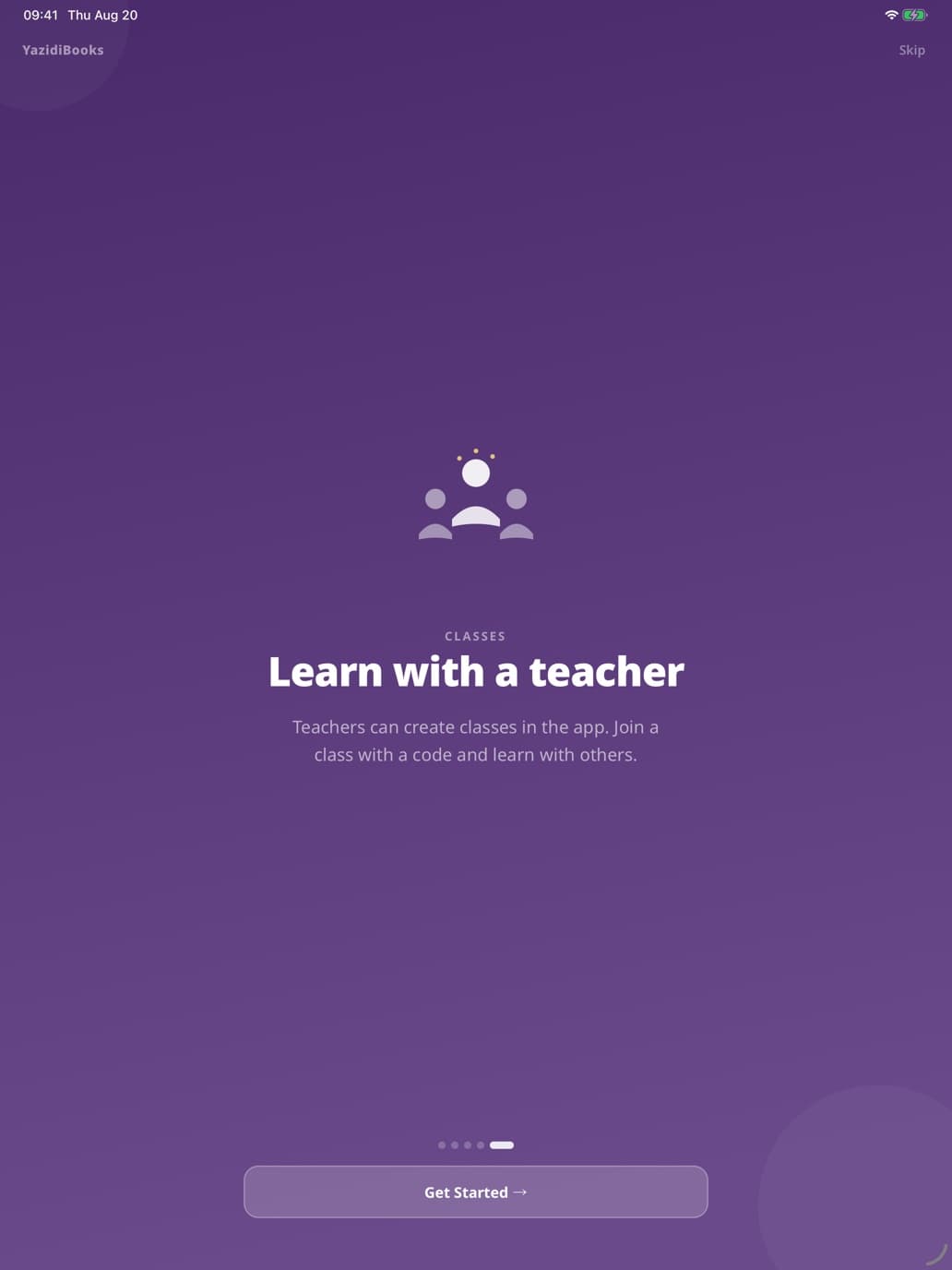 شاشة الترحيب في التطبيق «Learn with a teacher»: ينشئ المعلمون صفوفاً وينضم الطلاب برمز